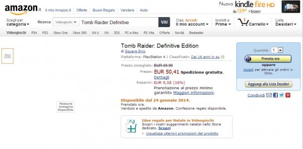 Tomb Raider amazon 600x296 Amazon Italy lists Tomb Raider: Definitive Edition for PlayStation 4 | VGLeaks 2.0