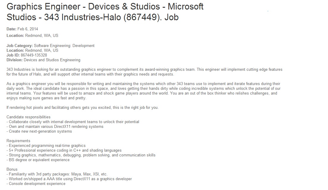 graphic engineer 343i New Halo 5 details in 343i job offer | VGLeaks 2.0