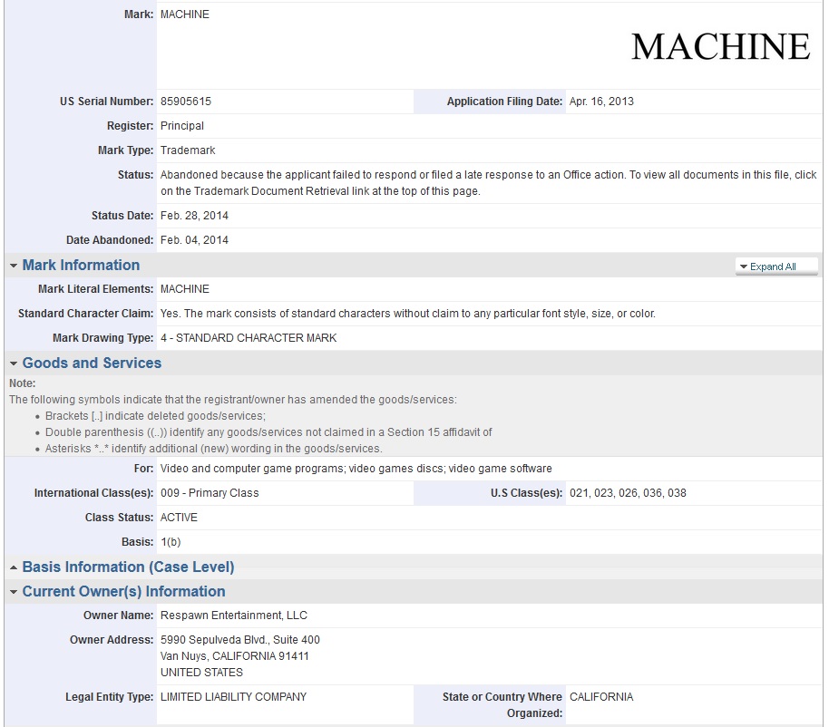 machinetr Respawn failed to trademark the name "Machine" | VGLeaks 2.0