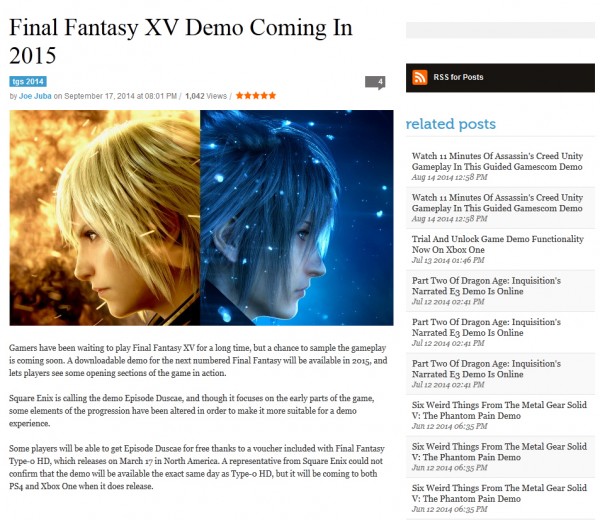FF XV demo 600x520 Rumor:  FF Type 0 HD coming on March 17 2015. FF XV demo included | VGLeaks 2.0