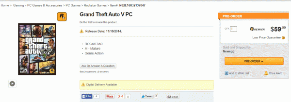 GTA V November 18 600x210 Rumor: Newegg also lists GTA V for PS4, Xbox One and PC for November | VGLeaks 2.0