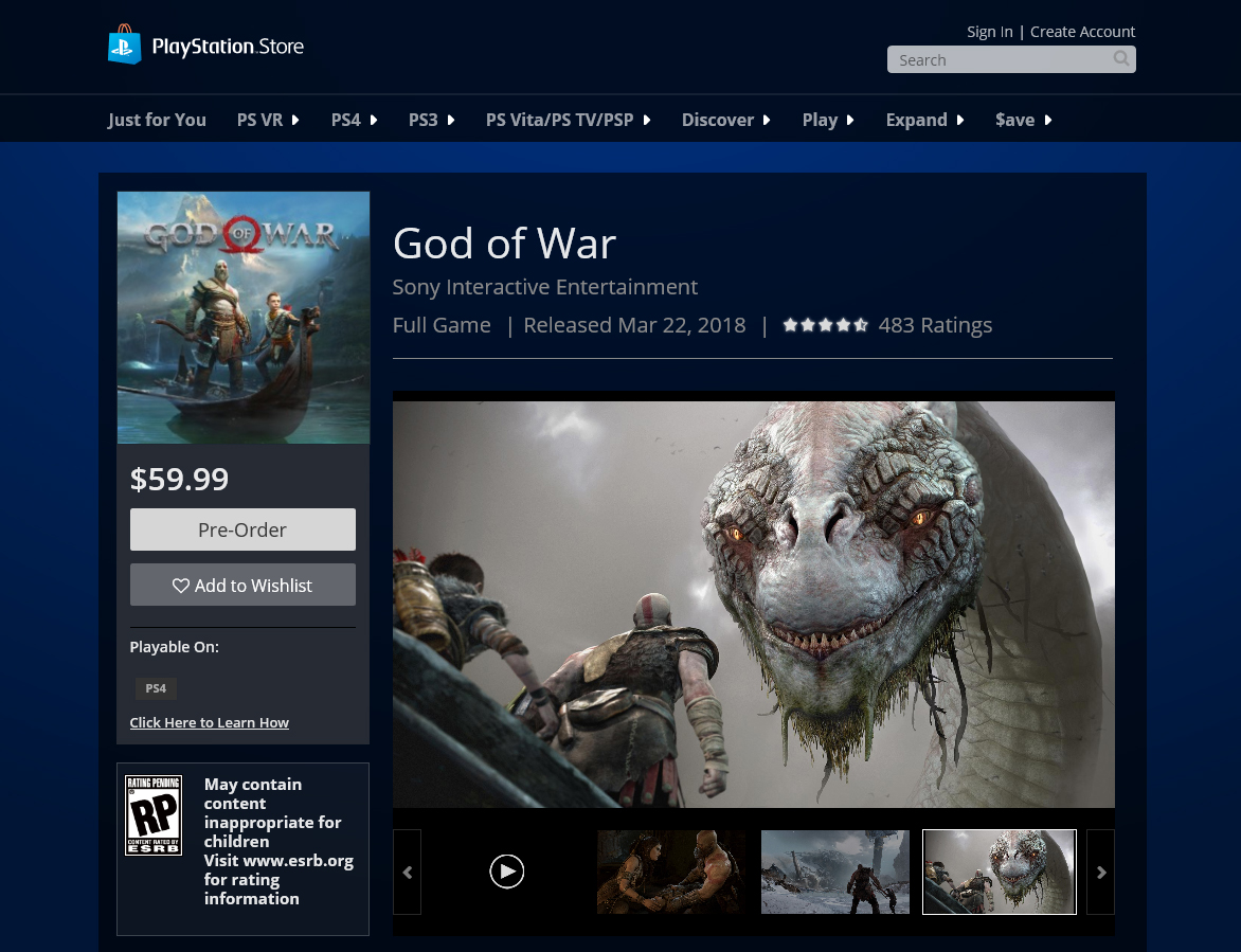 god of war 4 price playstation store